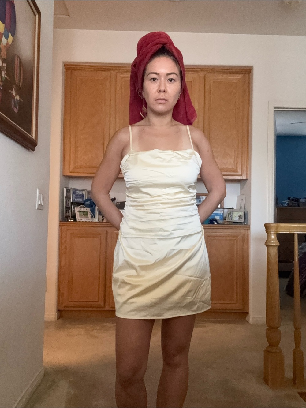 Hollister butter yellow/cream satin bodycon mini dress w/ straps & back bow-tie